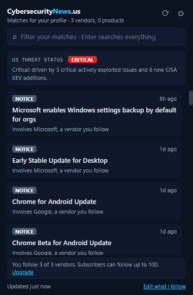 The browser extension popup listing matched threats
